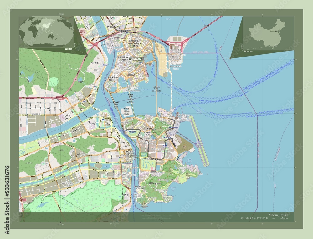 Obraz premium Macau, China. OSM. Labelled points of cities