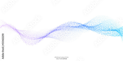 Abstract dots particles flowing wavy colorful blue purple gradient isolated on white background. Vector illustration design elements in concept of technology, energy, science, music.