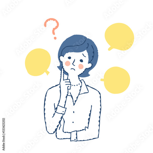 悩んでいる表情の女性とフキダシ