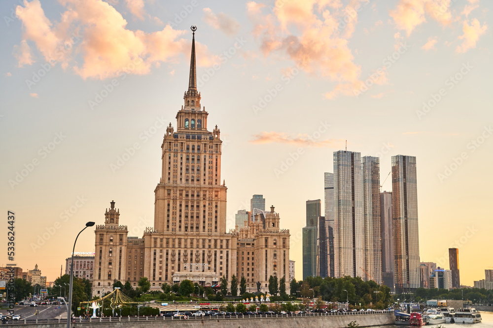 Moscow, Russia - 30.07.2022: View of the Ukraine Hotel and the Moscow City business center. Architecture of Moscow