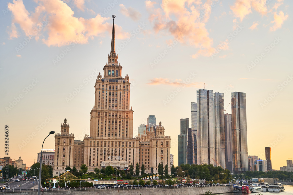 Moscow, Russia - 30.07.2022: View of the Ukraine Hotel and the Moscow City business center. Architecture of Moscow