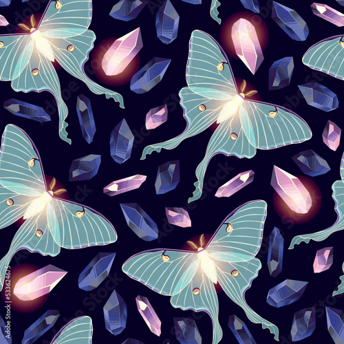 Moon moth with crystals vector seamles pattern