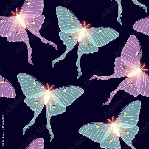Green and pink moon moth vector seamles pattern