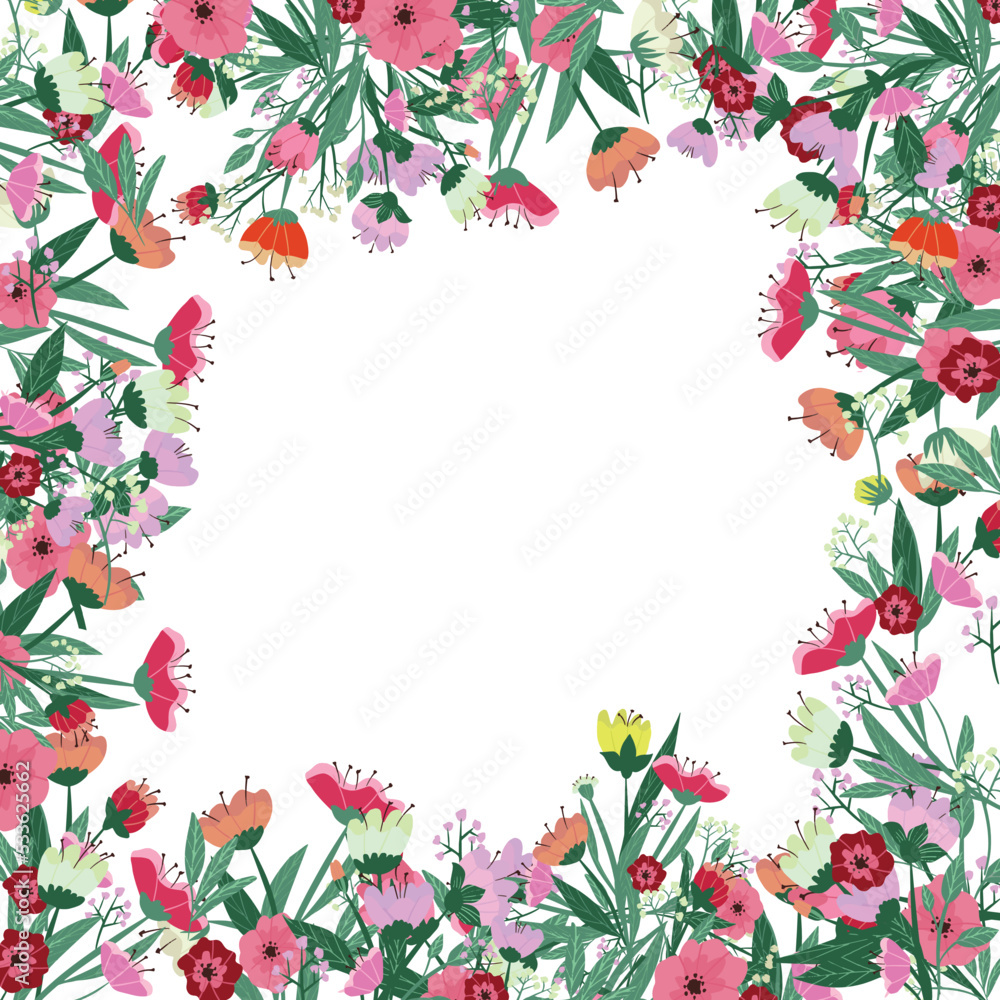 Vector floral frame. Flowers arrange in border on white background