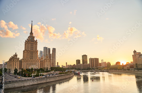 Moscow, Russia - 30.07.2022: View of the Ukraine Hotel, the Moscow City business center and the Moscow River
