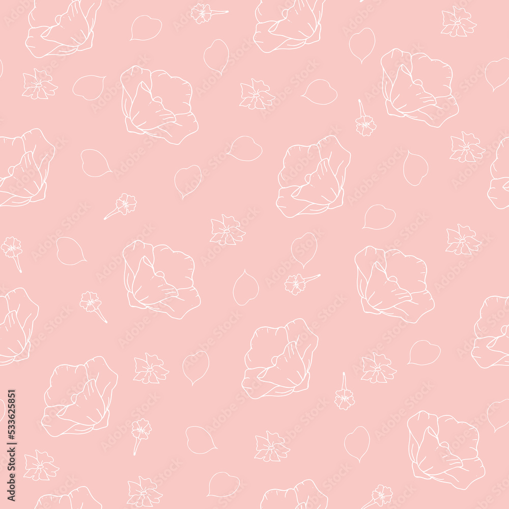 Nude seamless pattern of hand drawn flowers and petals. Simple repeating pink botanical pattern Nude seamless pattern of hand drawn flowers and petals. Simple repeating pink botanical pattern