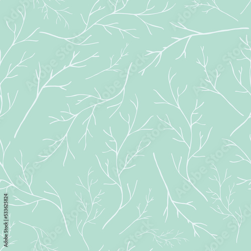 White hand drawn branches on pale blue background repeating pattern. Minimalistic botanical seamless pattern