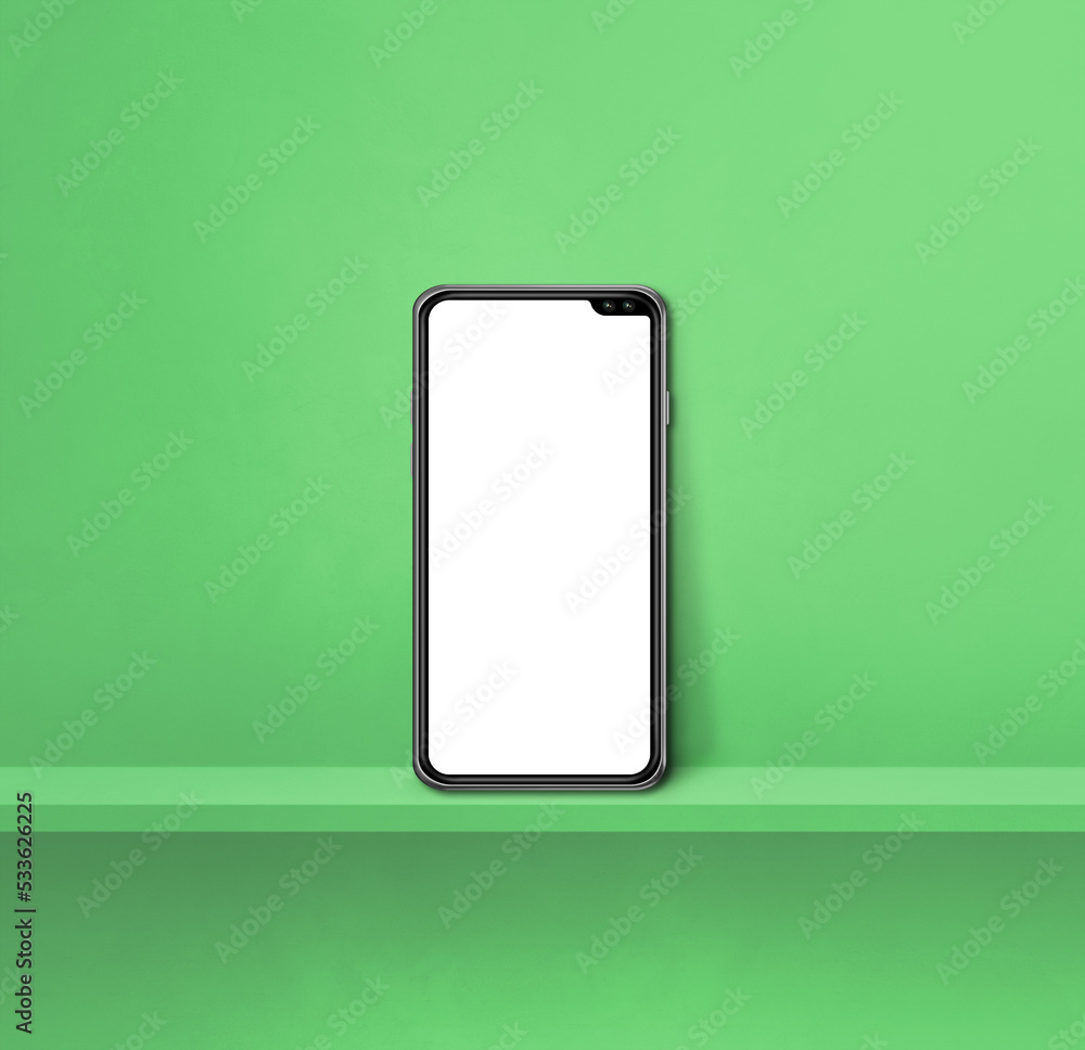 Mobile phone on green wall shelf. Square background Mobile phone on green wall shelf. Square background