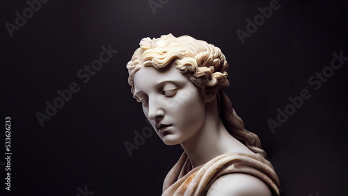 Illustration of a Renaissance marble statue of Persephone. She is the Queen of the underworld, the Goddess of spring. Persephone in Greek mythology, known as Proserpina in Roman mythology. photo