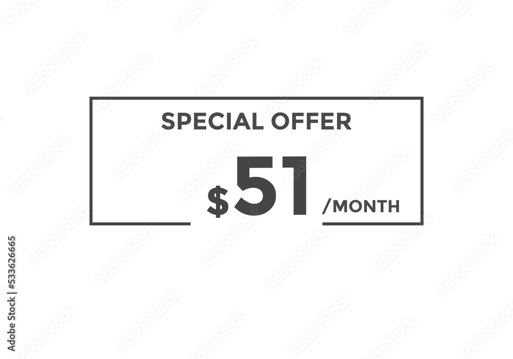 $51 USD Dollar Month sale promotion Banner. Special offer, 51 dollar month price tag, shop now button. Business or shopping promotion marketing concept
$51 USD Dollar Month sale promotion Banner. Special offer, 51 dollar month price tag, shop now button. Business or shopping promotion marketing concept