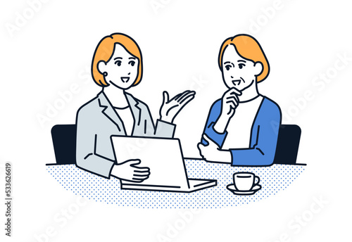 スーツの女性に相談するシニア女性のシンプルなベクターイラスト素材