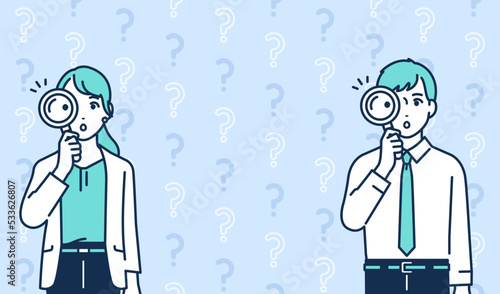 虫めがねを覗く若いビジネスパーソンのシンプルなベクターイラスト素材
