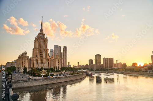 Moscow  Russia - 30.07.2022  View of the Ukraine Hotel  the Moscow City business center and the Moscow River