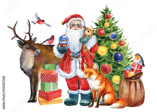 Fototapeta Naklejka Na Ścianę i Meble -  New year holiday. watercolor Santa Claus and animal isolated on white background