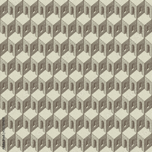 Fototapeta Naklejka Na Ścianę i Meble -  Seamless pattern with pencil drawings of architectural elements. Abstract vector texture, suitable for wallpaper, wrapping paper, flooring, fabric. Hand-drawn geometric background