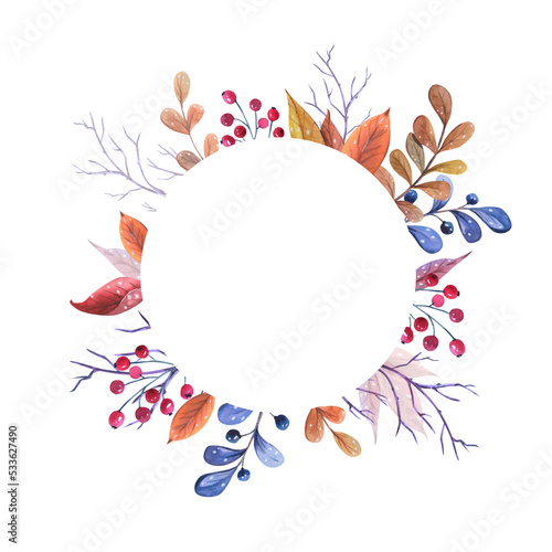 Watercolour autumn frame with colorful leaves and berry on white background