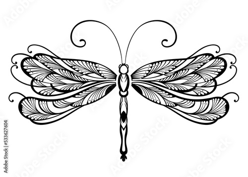 Engrave isolated dragonfly hand drawn graphic illustration. Dragonfly hand drawing vintage  illustration