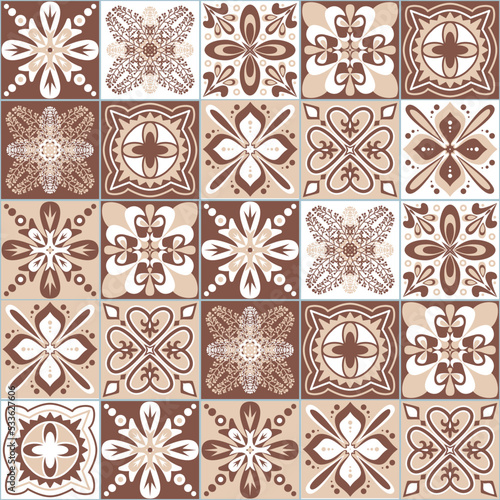 Azulejo talavera spanish ceramic tiles floral symmetrical traditional pattern, brown beige monochrome vintage background