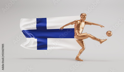 Golden soccer football player kicking a ball with finland waving flag. 3D Rendering