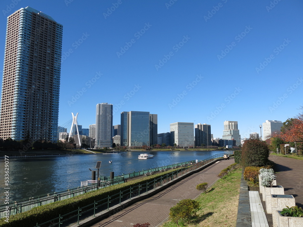 江東区の越中島公園からの眺め(隅田川・中央大橋・リバーシティ21・水上バス) 江東区の越中島公園からの眺め(隅田川・中央大橋・リバーシティ21・水上バス)
