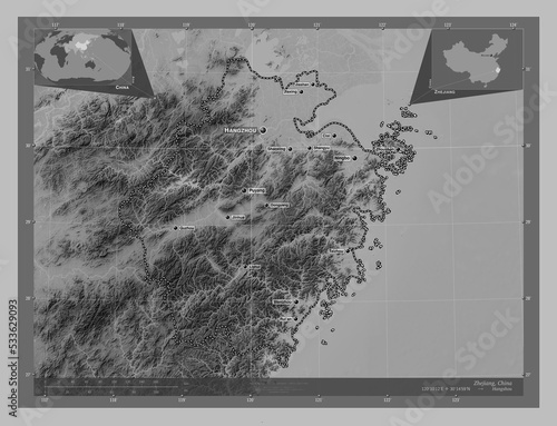 Zhejiang, China. Grayscale. Labelled points of cities photo