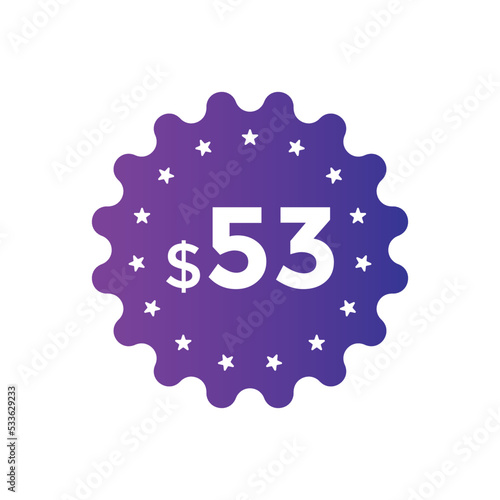 53 dollar price tag. Price $53 USD dollar only Sticker sale promotion Design. shop now button for Business or shopping promotion 