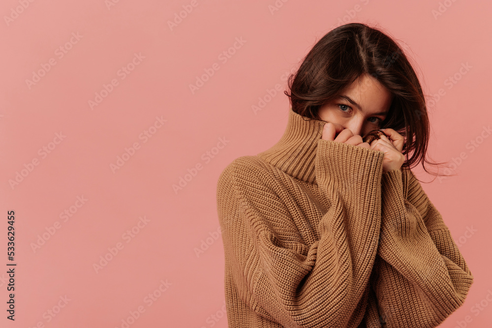 Cute young caucasian girl covers face with warm sweater collar on pink background with space for text. Brunette with flowing hair looks at camera. Relaxation concept Cute young caucasian girl covers face with warm sweater collar on pink background with space for text. Brunette with flowing hair looks at camera. Relaxation concept