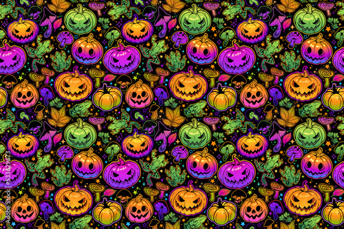 seamless bright halloween pattern of pumpkins, mushrooms and frogs