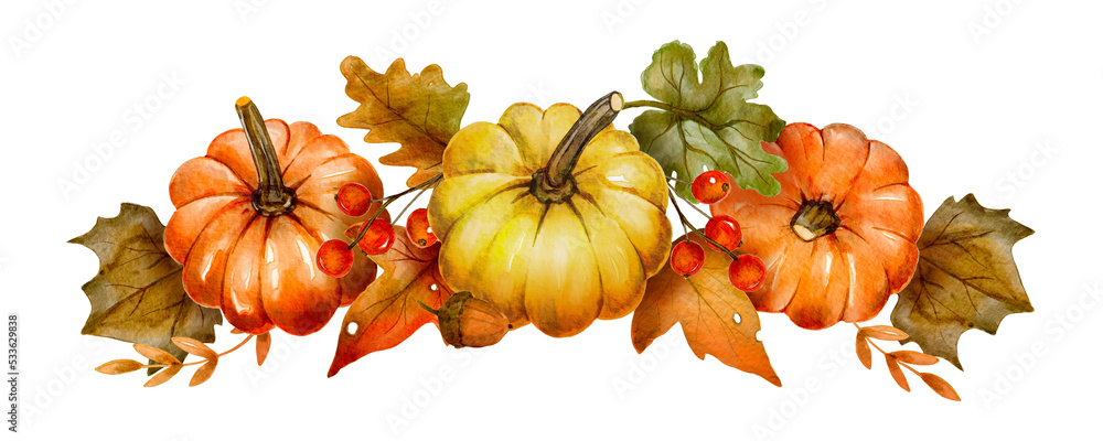 Fototapeta premium Watercolor pumpkin autumn thanksgiving fall holiday design. Floral composition orange plant card