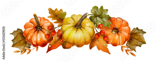 Watercolor pumpkin autumn thanksgiving fall holiday design. Floral composition orange plant card