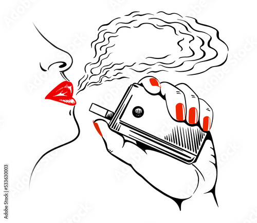 Sketch of a female profile, with red lipstick painted lips, exhales steam. Hand with electronic cigarette, tobacco heating system. Drawn by hand. Isolated on white background. Vector.