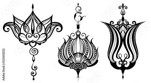 Decorative Moon lotus  Hindu and Buddhist symbol. Good for tattoo, yoga logo, boho print, poster, t-shirt and more. Decoration for greeting card or print. Abstract sign for mug,t-shirt,phone case. Ide