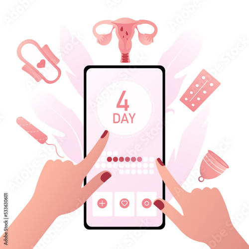 Menstrual cycle. Phones with hands and calendar, menstrual cup, uterus, pad, pills. Phone app, track your menstrual cycle. Vector illustration