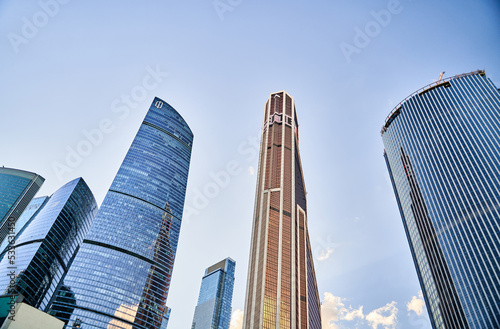 Moscow  Russia - 30.07.2022  A view from below of the skyscrapers in Moscow City. International Business Center