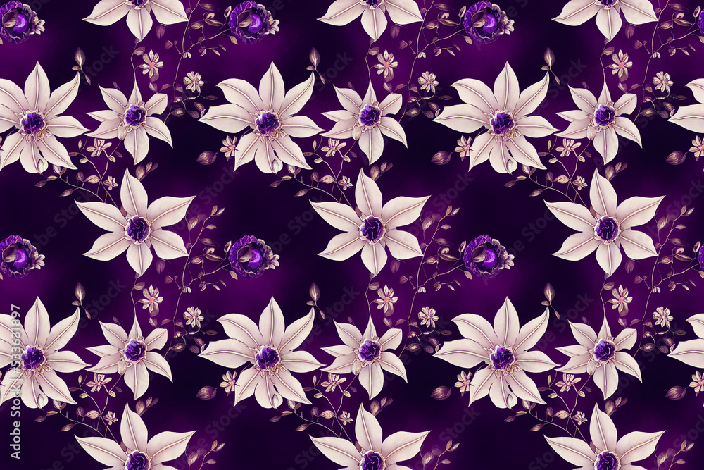 Beautiful floral wallpaper. Violet purple flowers background. Seamless repeat pattern for wallpaper, fabric and paper packaging, curtains, duvet covers, pillows, digital print design