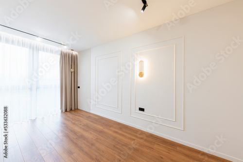 interior design of empty bright room with big window and floor