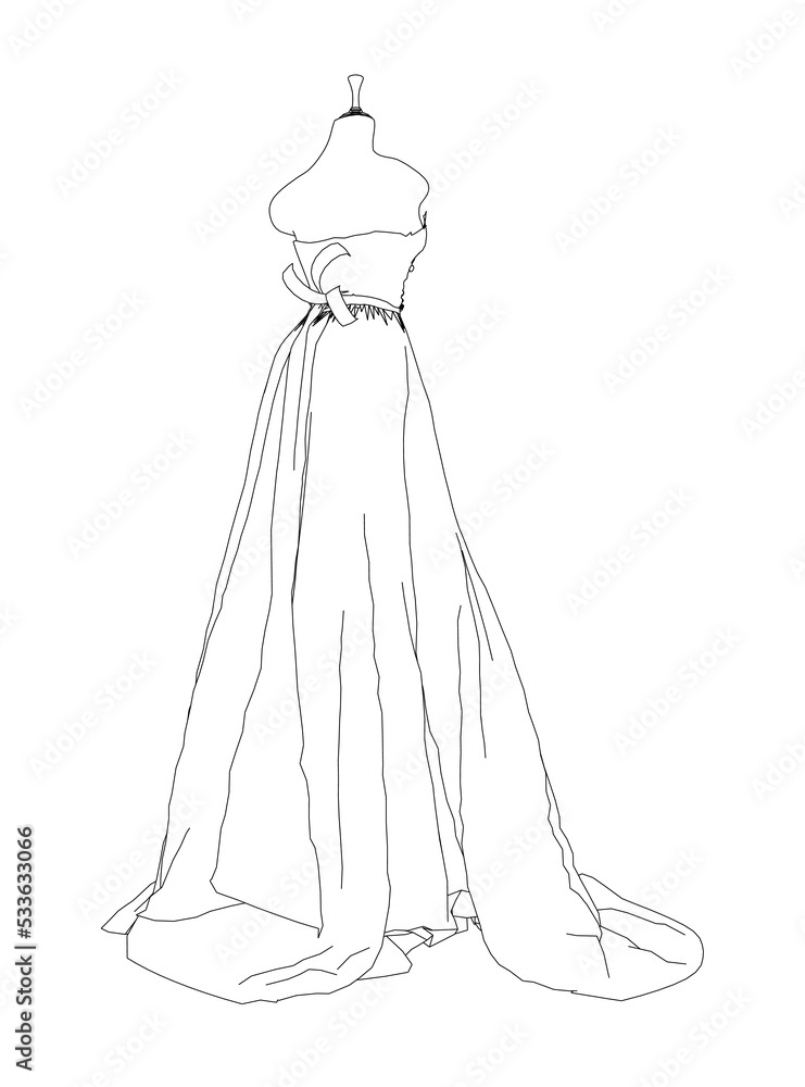 Contour of a wedding dress on a mannequin from black lines isolated on a white background. Back view. 3D. Vector illustration. Contour of a wedding dress on a mannequin from black lines isolated on a white background. Back view. 3D. Vector illustration.