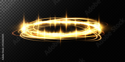 Magic portals on the night scene. Golden round holograms with rays of light and sparkles. Glowing futuristic teleport tunnel with copy space on black background.