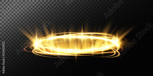 Magic portals on the night scene. Golden round holograms with rays of light and sparkles. Glowing futuristic teleport tunnel with copy space on black background.