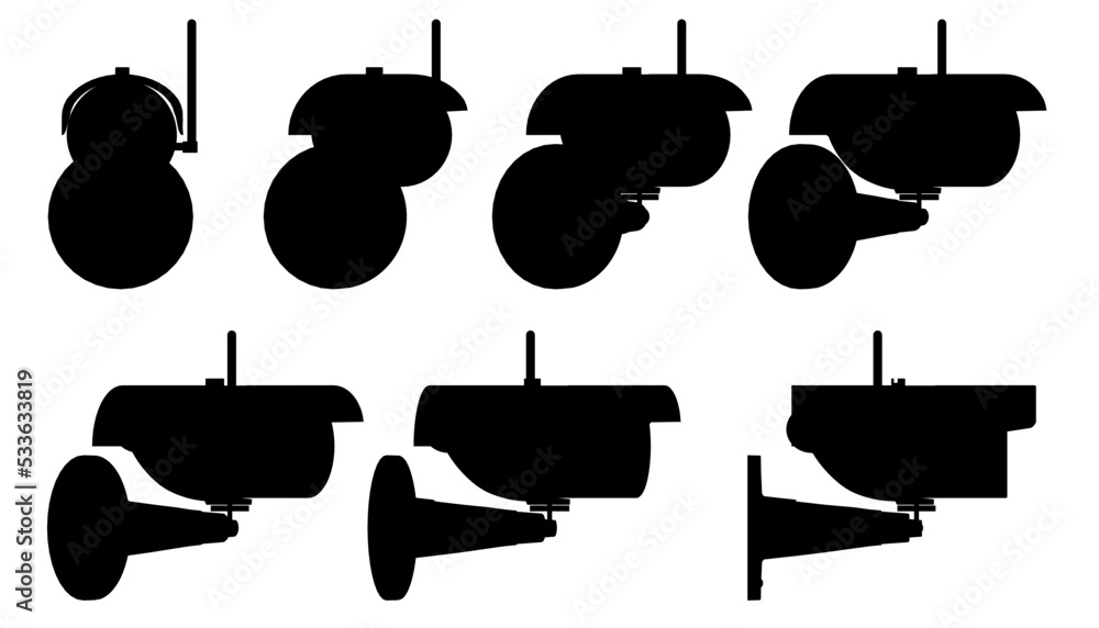 Set with silhouettes of surveillance cameras in different positions ...