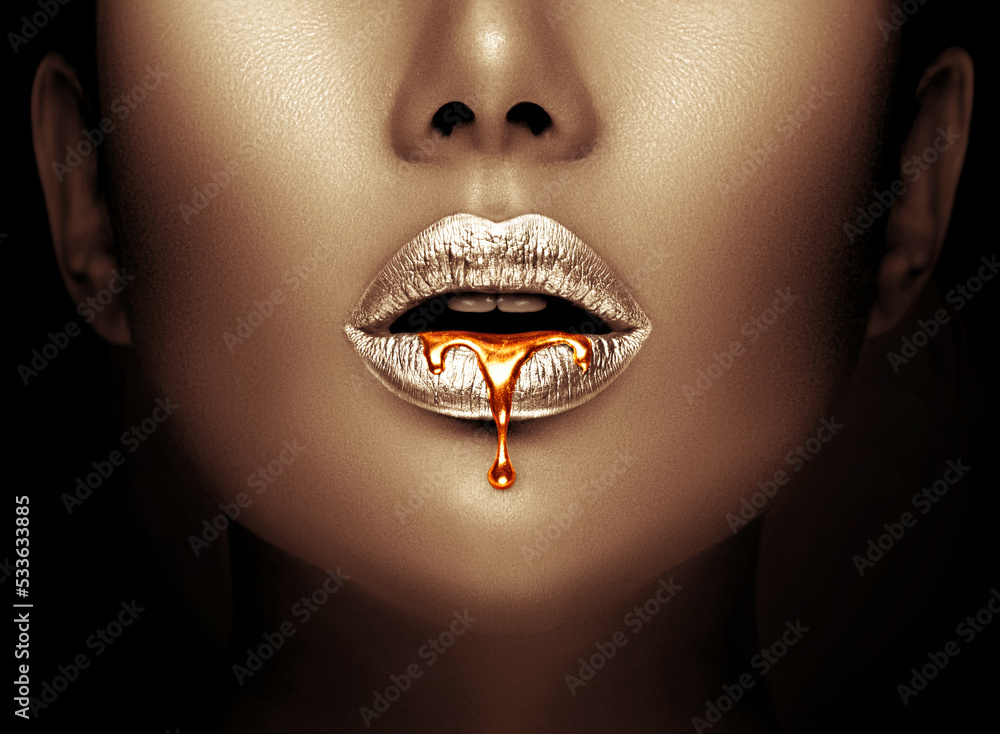 Gold Paint Smudges Drips Face Lips Stock Photo 1259706193