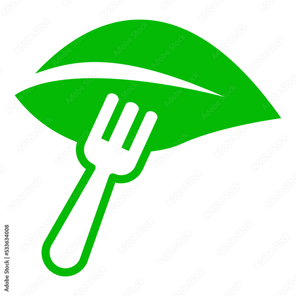 Concepto dieta vegana verde. Silueta aislada lineal de tenedor sobre hoja de planta Concepto dieta vegana verde. Silueta aislada lineal de tenedor sobre hoja de planta
