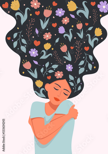 Love yourself,  harmony creative concept. Woman with flowers in hair stands closed eyes and hugs herself. vector illustrations