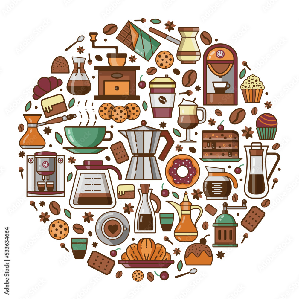 Coffee and Pastry Icons Print Stylized in Circle