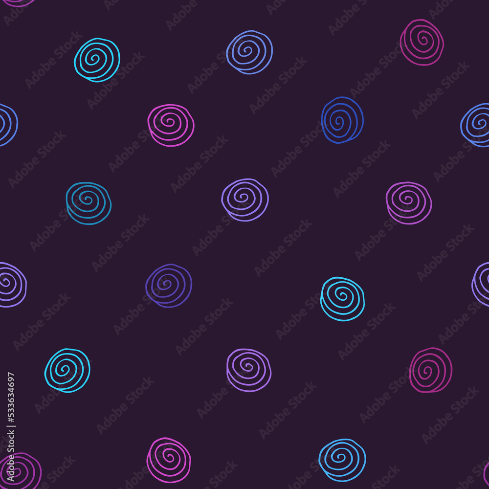 Neon spiral repeating seamless pattern on dark blue background. Minimalistic art of bright colors for print and design Neon spiral repeating seamless pattern on dark blue background. Minimalistic art of bright colors for print and design