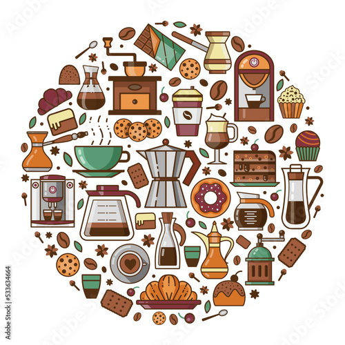 Obraz na płótnie Coffee and Pastry Icons Print Stylized in Circle w salonie