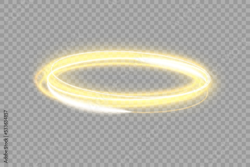 Fire light circle trail of sparkling gold glitter, vector glow flare swirl on transparent background. Abstract vector fire circle, sparkling swirl. Stock royalty free vector illustration. PNG