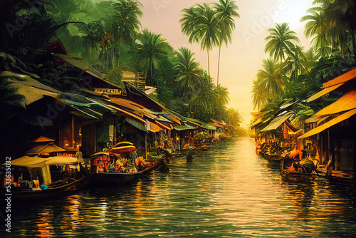 Fototapet A digital artwork featuring the Chao Phraya River passage surrounded by boats and shack buildings