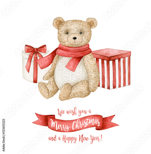 Watercolor illustration christmas card with teddy bear and gift boxes. Isolated on white background. Hand drawn clipart. Perfect for card, postcard, tags, invitation, printing, wrapping. © Karina Martirosova