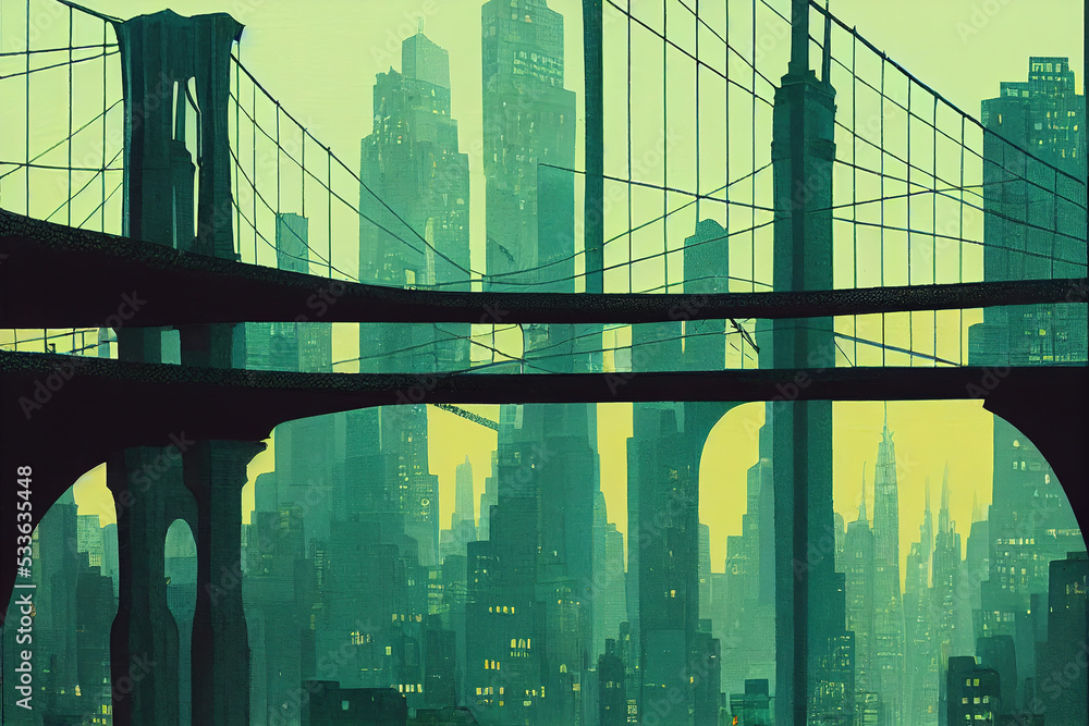 Brooklyn bridge featuring against the New York skyline in a mist green  cartoon illustration drawing. Ny town with Gotham like architecture  featured in the wallpaper background. The big apple city. Stock  Illustration |